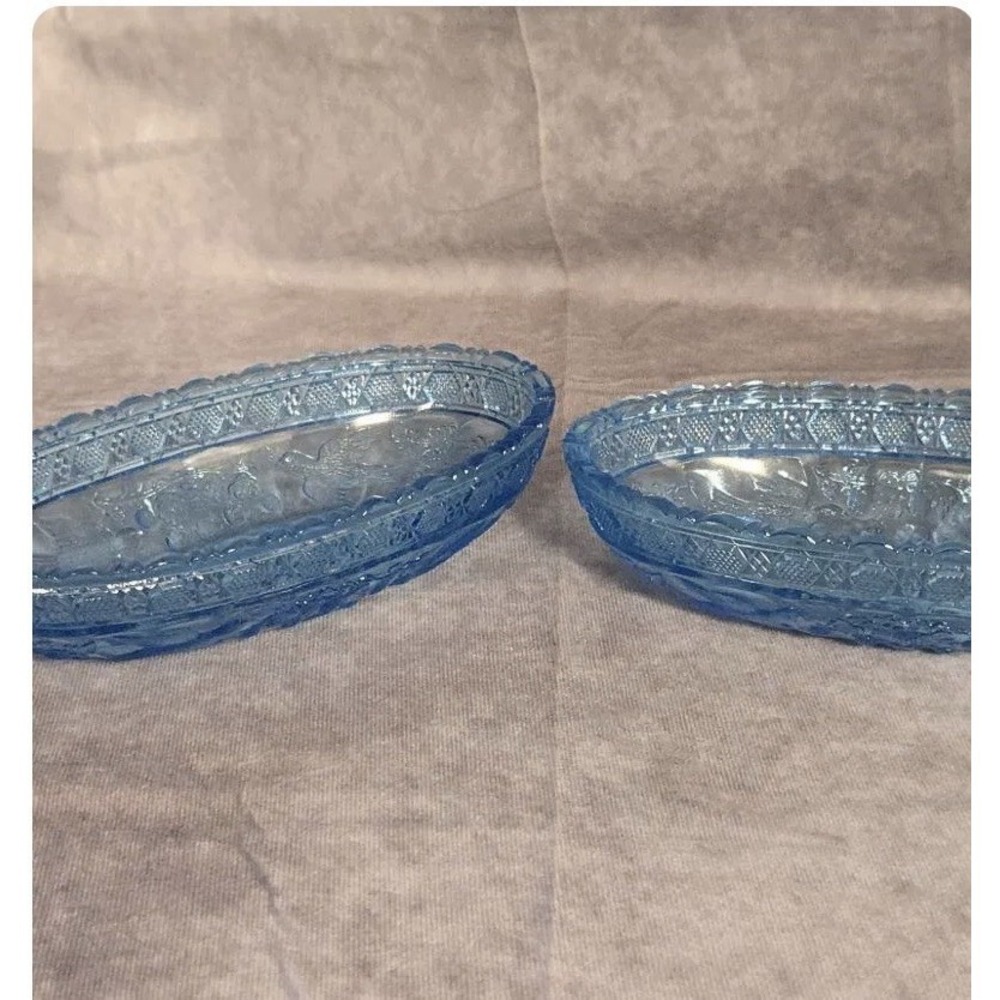 Vintage Tiara Indiana Blue Glass Relish Candy Dish W/Doves Birds & Berries (2)